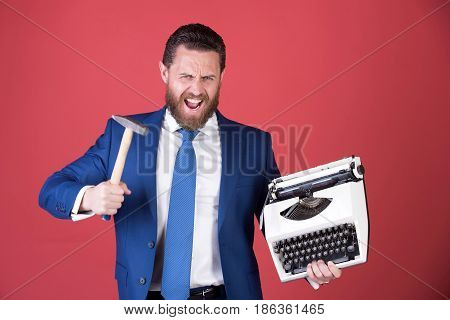 Business Man, Aggressive Businessman With Typewriter And Hammer