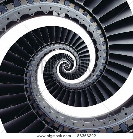 Isolated on white turbine blades wings symmetric two strands spiral effect abstract fractal pattern background. Industrial metallic spiral turbine stair Turbine technology abstract fractal staircase
