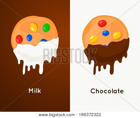 Biscuit Сookie with colorful candies dunks in chocolate sauce and milk.