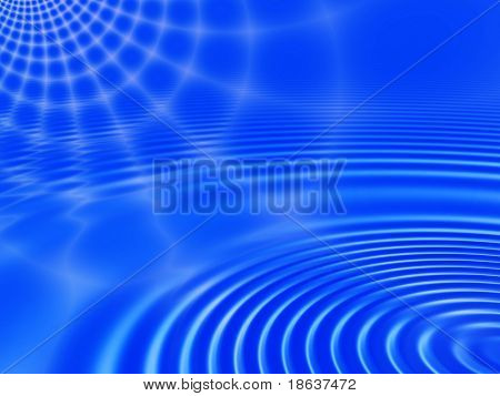 Fraktal bild av en abstrakt spindelnät mot en blå himmel återspeglas i krusade vatten.