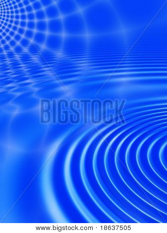 Fraktal bild av en abstrakt spindelnät mot en blå himmel återspeglas i krusade vatten.