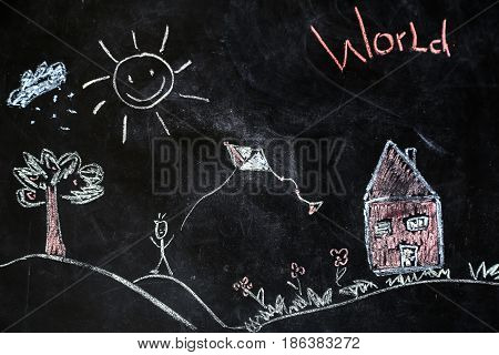 Chalk Drawing Of House And Sun On A Black Background,