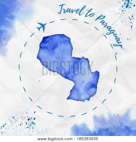 Paraguay Watercolor Map In Blue Colors. Travel To Paraguay Poster With Airplane Trace And Handpainte