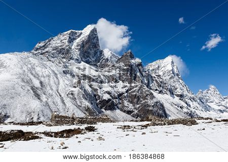 Snowy Mountains Near Dingboche Village On The Way To Everest Base Camp. Beautiful Landscape Of Snowy