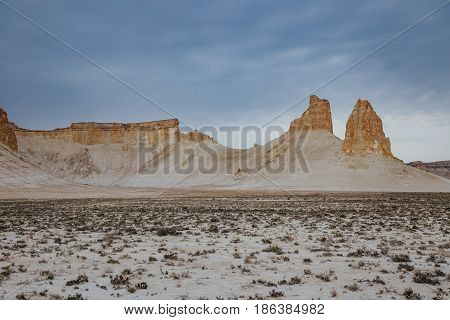 Peaked rocks in the canyon of Boszhira, chines Plateau Ustyurt, Kazakhstan
