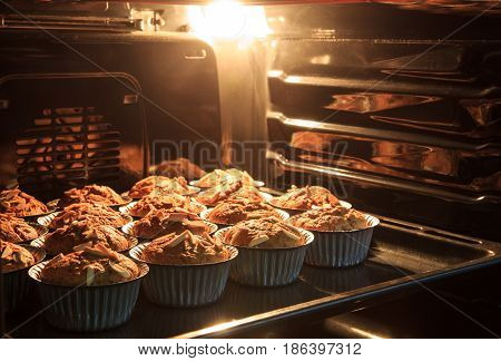 Morning breakfast Banana cake in hot oven that have good taste and fresh. bread banana cup cake.