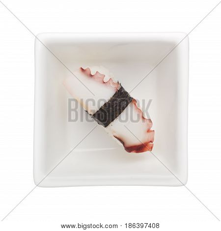 Sushi - Tako nigiri in a square bowl isolated on white background