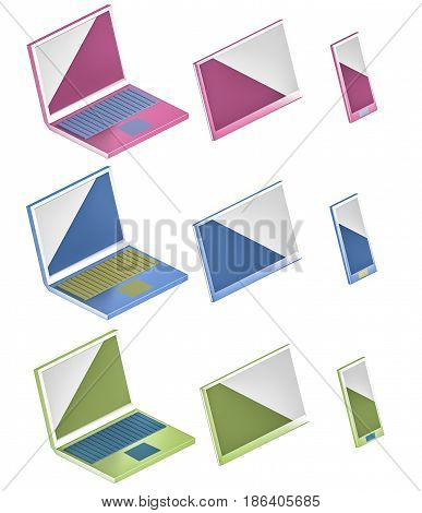computer, phone and tablet icons of different colours 3d illustration