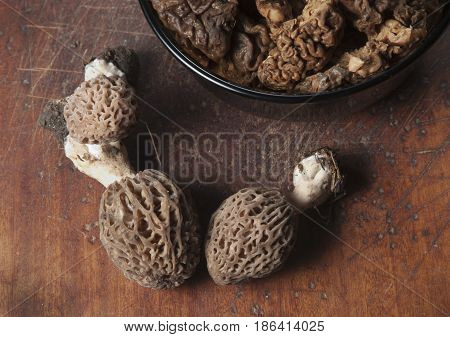 Morel fungus boiled ready for frying close up