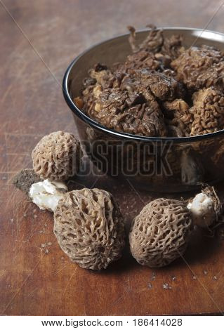 Morel fungus boiled ready for frying close up