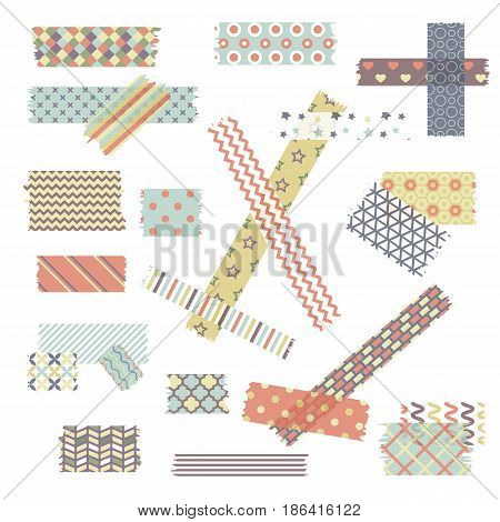 Scotch, color patterned adhesive tape collection, different size pieces isolated on white background. Vector set of torn paper edges