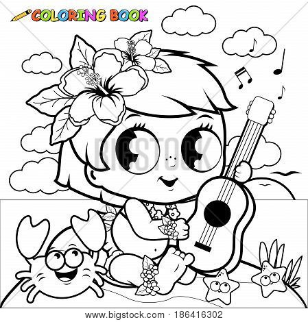Hawaiian baby girl on an island playing the ukulele. Coloring book page