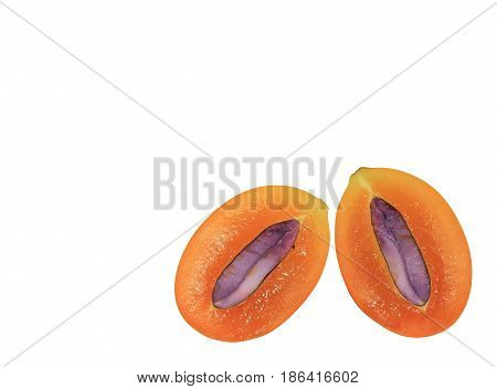 Closed up bright orange color fresh ripe Marian Plum fruit cut in half with purple seed on white background, with free space for design and text
