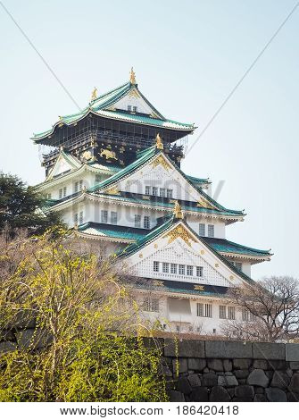 The front view of Osaka Castle. This castle is very famous historic tourist attraction of Osaka Japan.