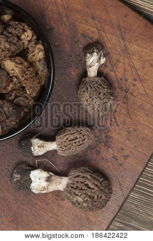 Morel fungus boiled ready for frying close up
