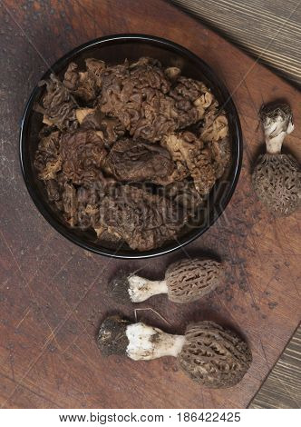Morel fungus boiled ready for frying close up