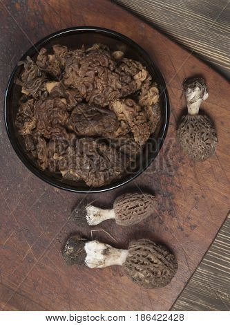 Morel fungus boiled ready for frying close up