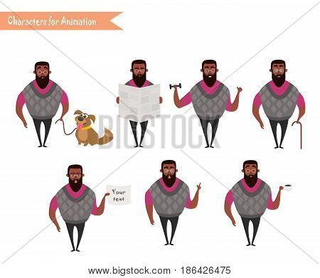 African American Boy character for your scenes. Funny cartoon. Vector illustration isolated on white background. Set for character speaks animations. Hipster beard