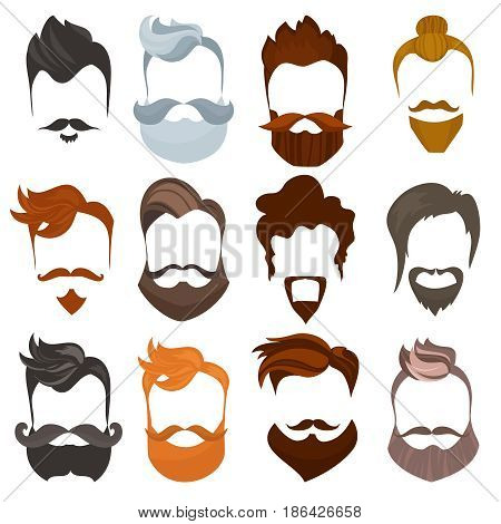 Set of men cartoon hairstyles with beards and mustache. Collection of fashionable stylish types lumbersexual or hipsters silhouette isolated on white background. Cartoon flat style vector illustration