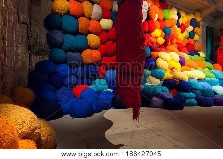 VENICE ITALY - MAY 10: Installation view of work by Sheila Hicks's Escalade Beyond Chromatic Lands at the 57th Venice Biennale on May 10 2017