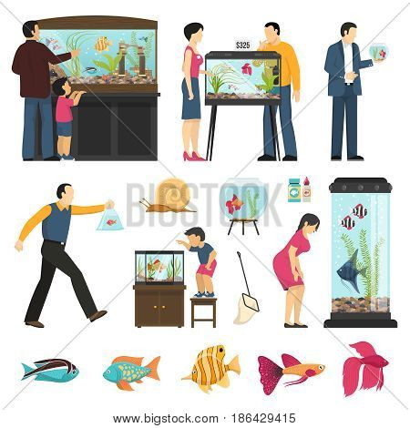 Aquarium people set of isolated human characters fish tanks of different shape and various fish species vector illustraton