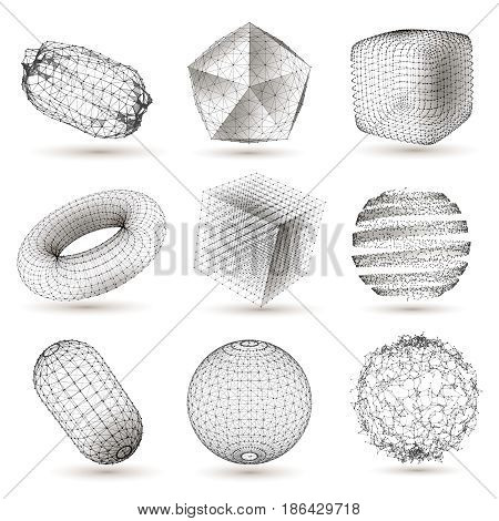 Digitally plotted geometric shapes imaged collection with cube sphere abstract figures white black design isolated vector illustration