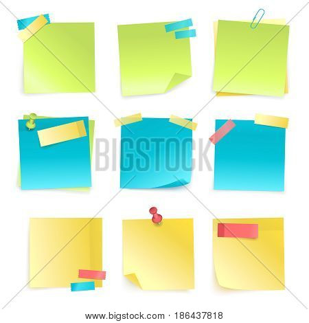 Set of colored isolated sticky notes with paper clip and adhesive tape isolated on white background realistic vector illustration