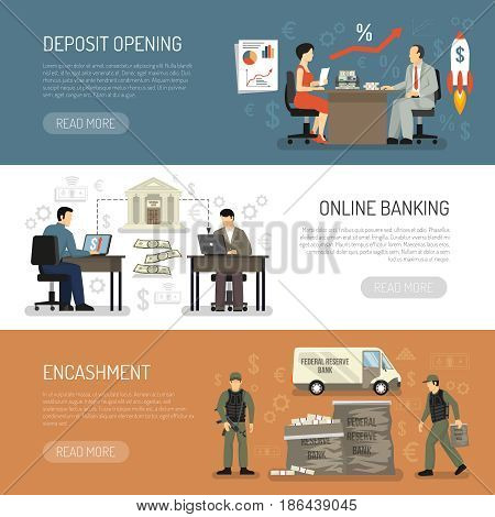 Horizontal banners set with encashment online banking and deposit opening in bank office flat isolated vector illustration