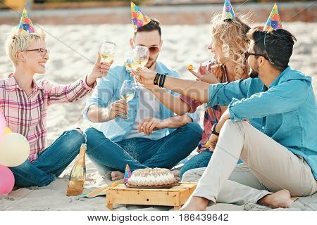 Friends Celebrating Birthday On Th Beach