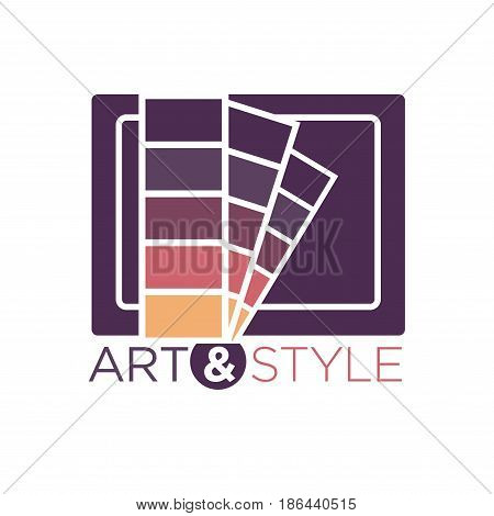 Art and style logotype with color palette against dark square shape isolated on white. Vector colorful illustration in flat design of company label and inscription below. Beauty product concept
