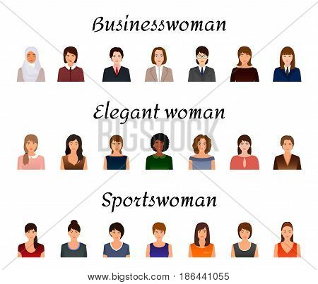 Avatars characters set of different kind women. Business elegant and sports female icons faces on a white background. Flat style vector illustration.