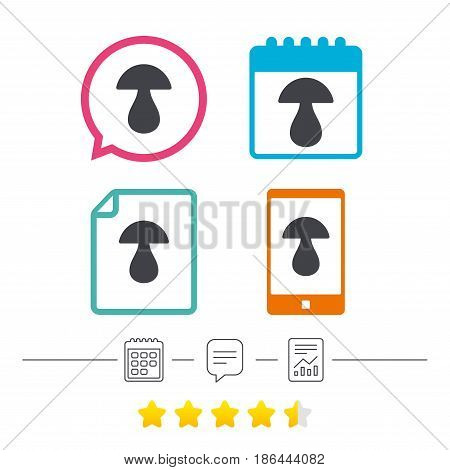 Mushroom sign icon. Boletus mushroom symbol. Calendar, chat speech bubble and report linear icons. Star vote ranking. Vector