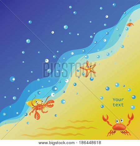 Hermit crab, a starfish and a crab. Yellow-orange background of sand and blue summer sea. Banner design, poster with children's characters cartoon sea creatures.