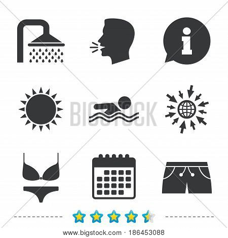 Swimming pool icons. Shower water drops and swimwear symbols. Human swims in sea waves sign. Trunks and women underwear. Information, go to web and calendar icons. Sun and loud speak symbol. Vector