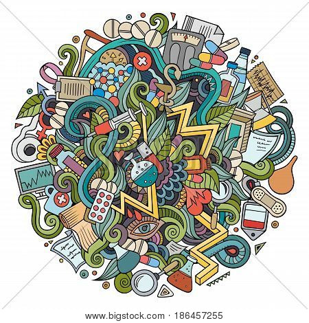 Cartoon cute doodles hand drawn Medical illustration. Colorful detailed, with lots of objects background. Funny vector artwork. Bright colors picture with Health theme items