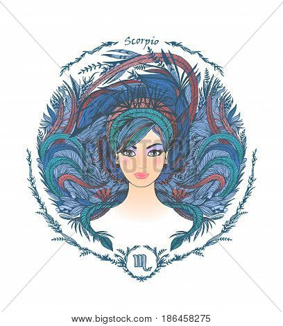 Zodiac sign. Hand drawn portrait of a beautiful woman. Vector illustration of Scorpio zodiac sign.