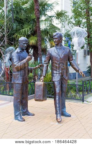 Sochi, Russia - February 9, 2016: Monument to heroes of Comedy directed by Leonid Gaidai The Diamond Arm, mounted near the building of the marine station.
