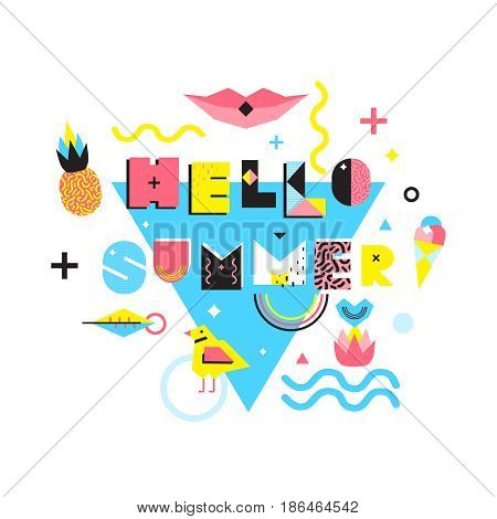 Hello summer design in memphis style with ananas bird flower icecream on blue triangle background vector illustration