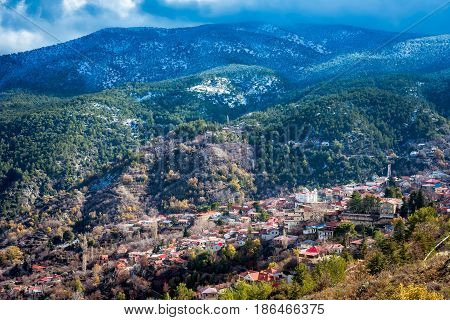 View Of Snow Covered Mountains Behind The Village Of Pedoulas. Nicosia District.