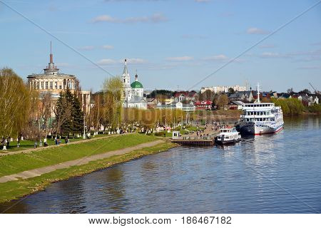 Tver, Russia - may 07.2017. Ships at the pier at the river terminal