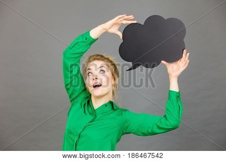 Happy Woman Holding Black Thinking Bubble