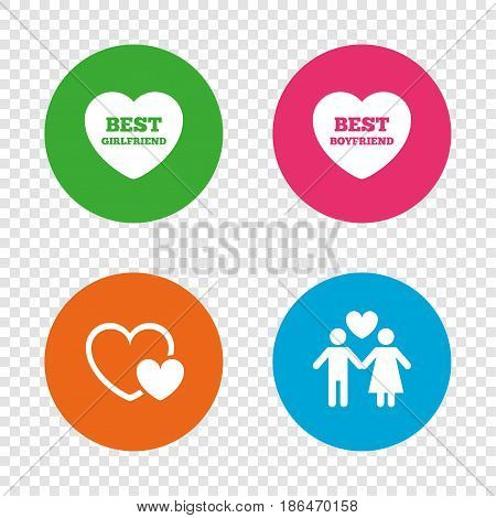 Valentine day love icons. Best girlfriend and boyfriend symbol. Couple lovers sign. Round buttons on transparent background. Vector