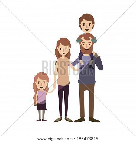 light color shading caricature big family parents with boy on his back and daugther taken hands vector illustration