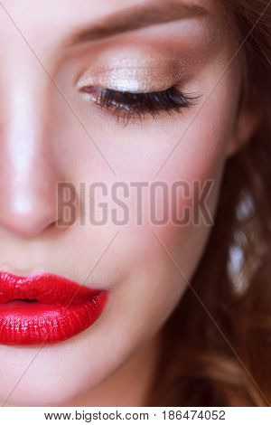 Beautiful woman skin with red lips on white background