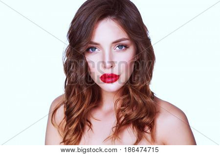 Beautiful woman skin with red lips on white background