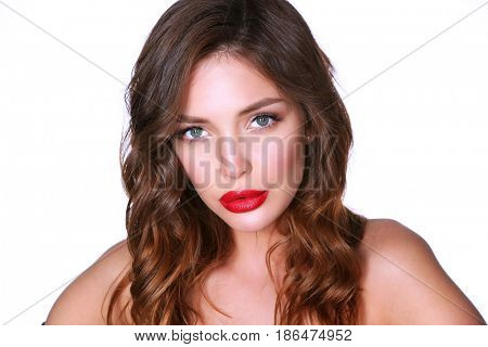 Beautiful woman skin with red lips on white background