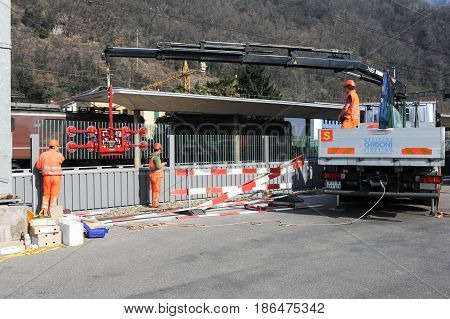 Workers During The Installation Of Noise Barriers On The Railway