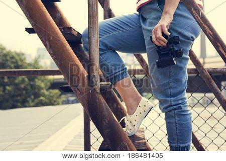 Woman traveler photographer holiday lifestyle trip