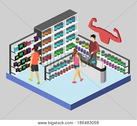Isometric flat 3D isolated concept vector cutaway interior of Sports supplements. Bodybuilding or gym supplements . Sport and fitness nutrition.