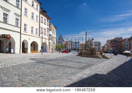 Olomouc Czech Republic - May 5 2017: View on the Dolni square of Olomouc Czech Republic Original name Dolni namesti. Famous unesco heritage city and tourist attraction.
